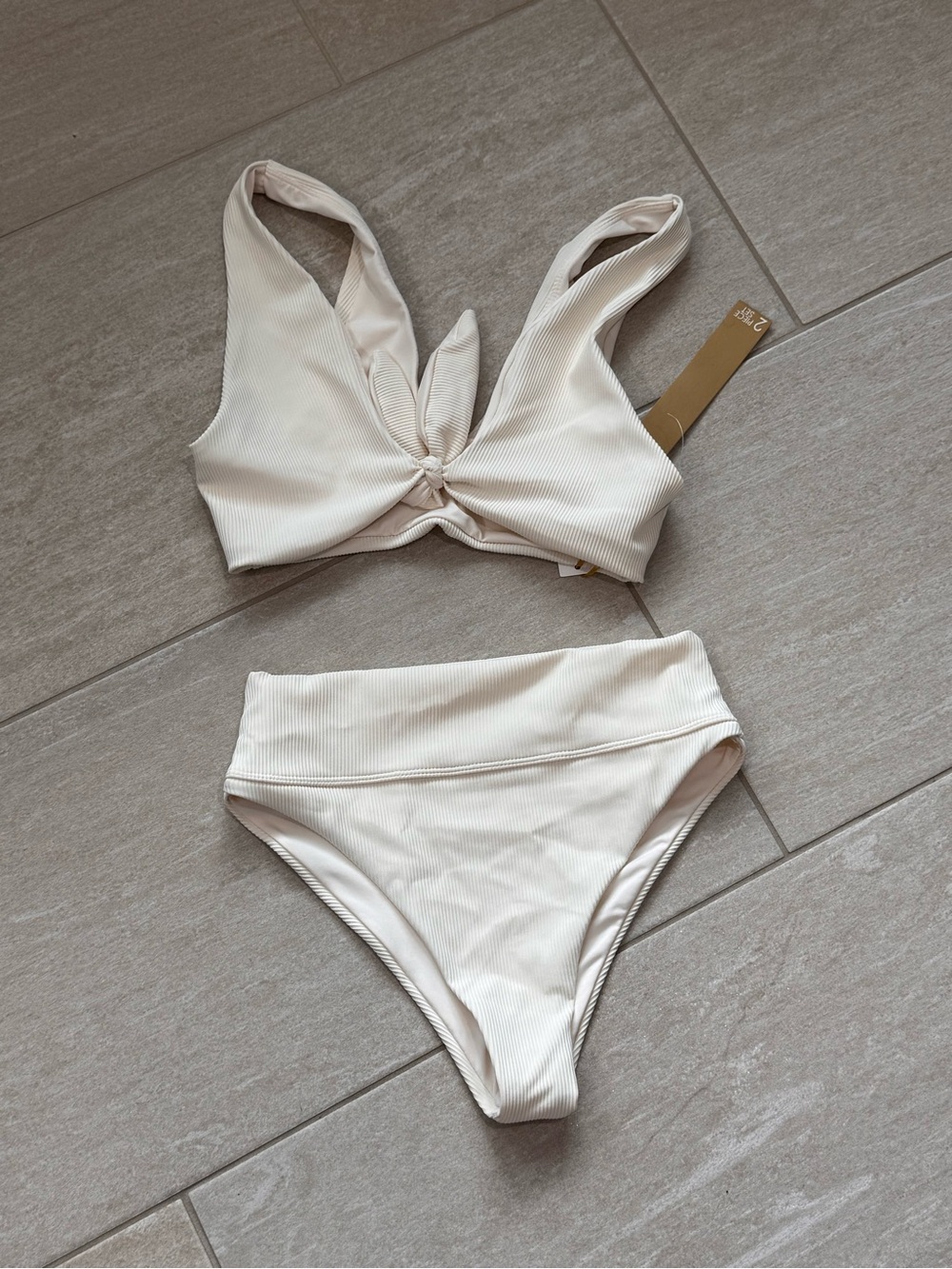 House of Harlow 1960 Cream Ribbed Knot-Front High Waist Bikini Set
